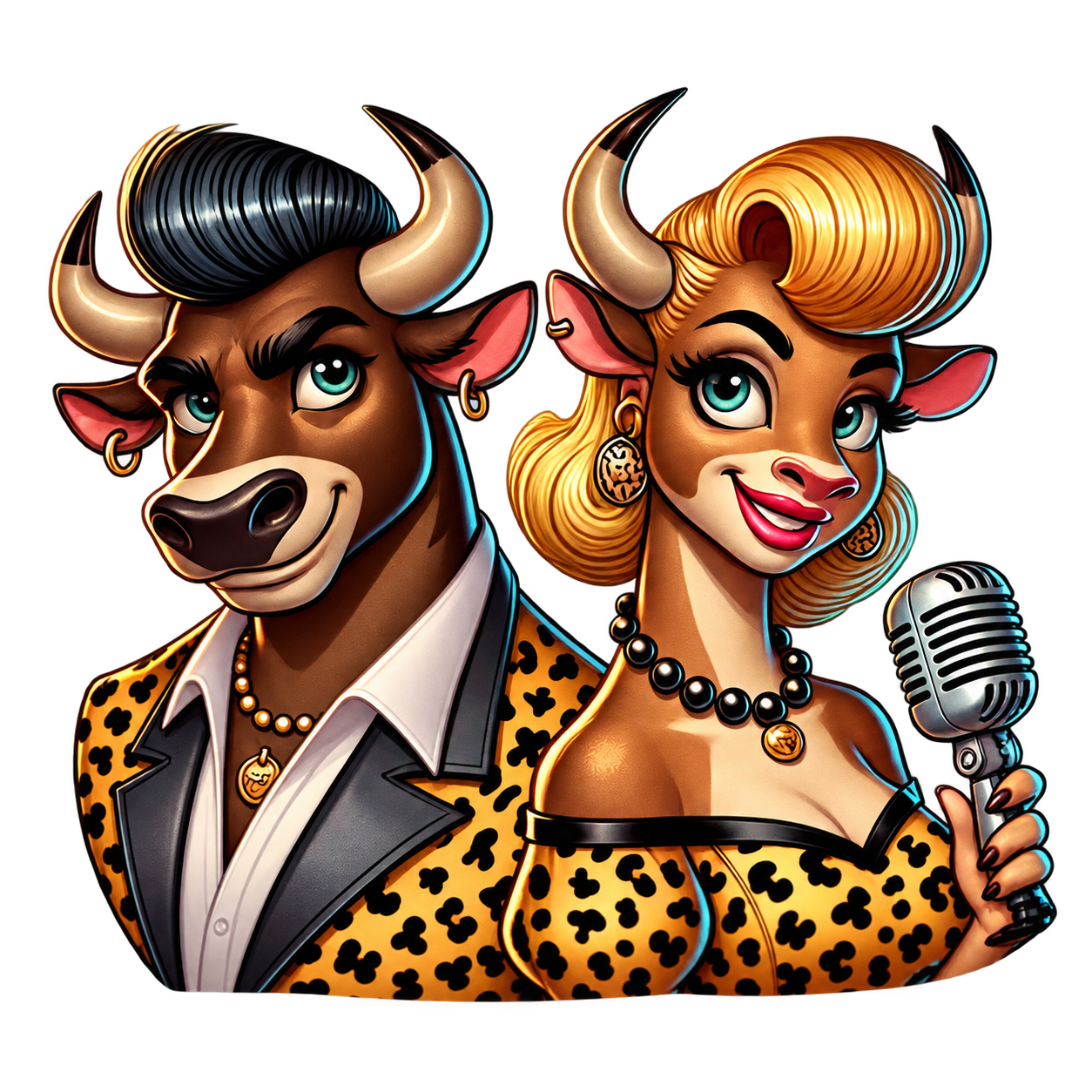 Two smiling Honka bulls with a microphone