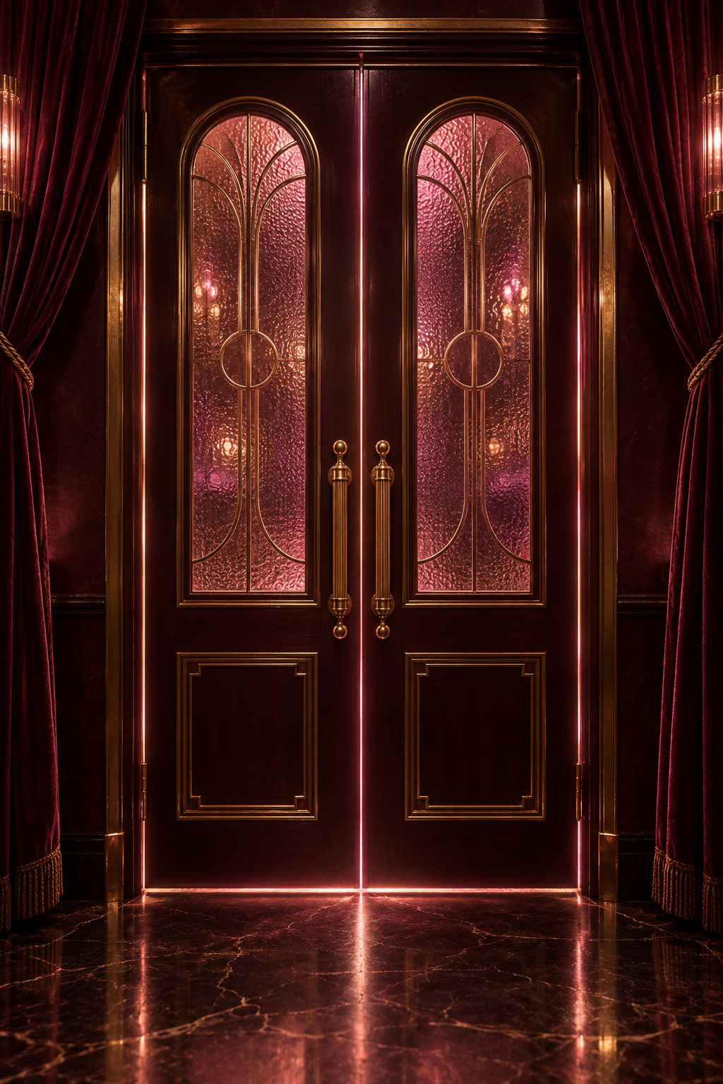 A burgundy club door glowing pink