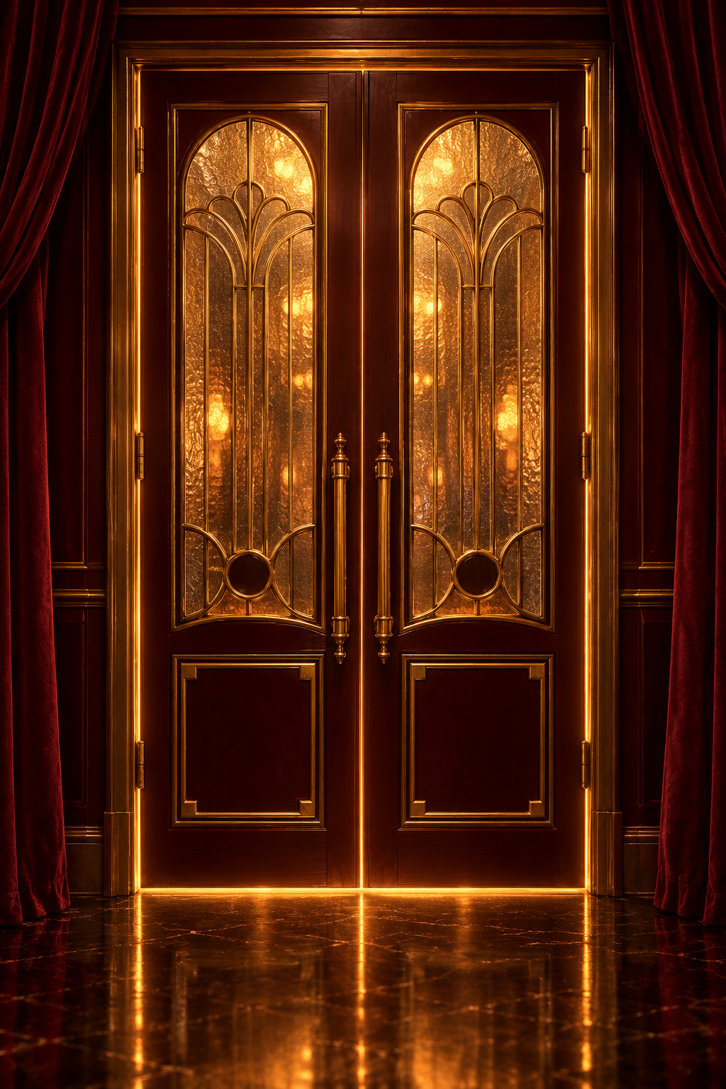 A golden club door glowing with warm light