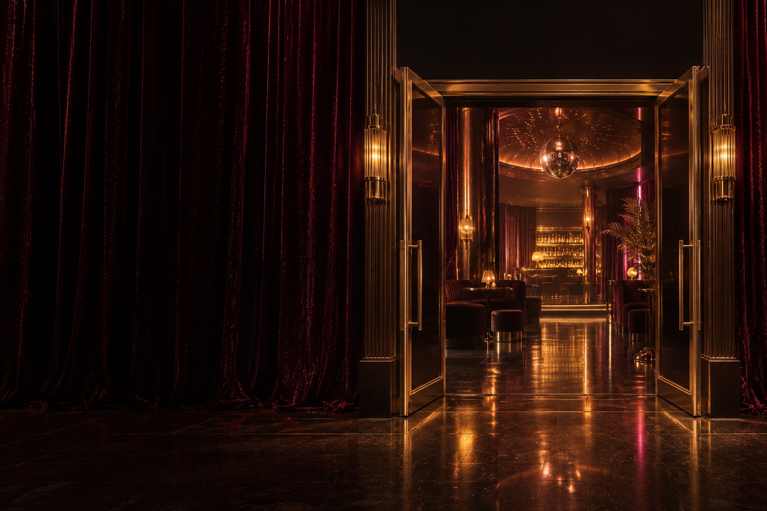 An inviting golden doorway surrounded by dark burgundy curtains