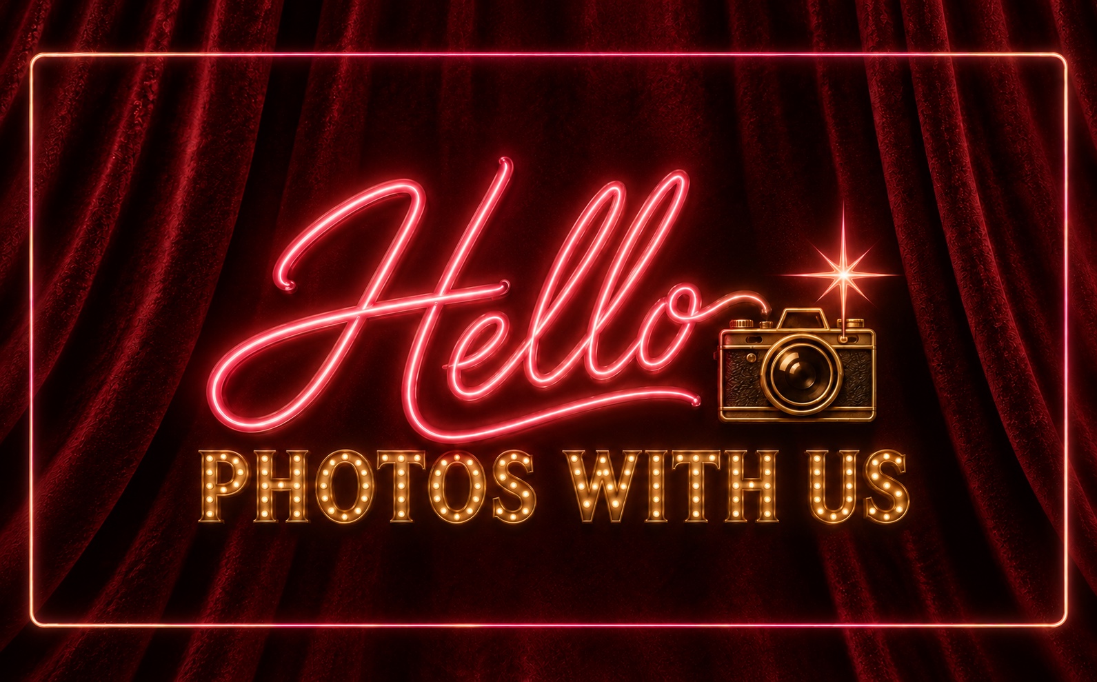 Hello — Photos with us, in pink neon and gold